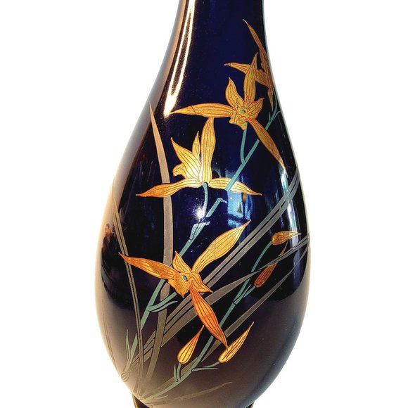 Vintage JAPAN Lovely Porcelain Cobalt Blue and Gold Gilt Vase 11" Tall - Picture 2 of 5